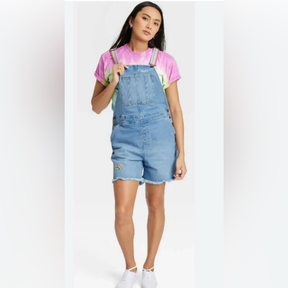 Target Take Pride Adult QUEEN Rainbow Denim Shortalls Size Large Parade Wear